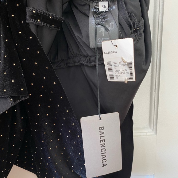 Balenciaga Black Velvet Gold Studded V-neck Relaxed Fit Mini Romper Size Medium - Picture 10 of 12